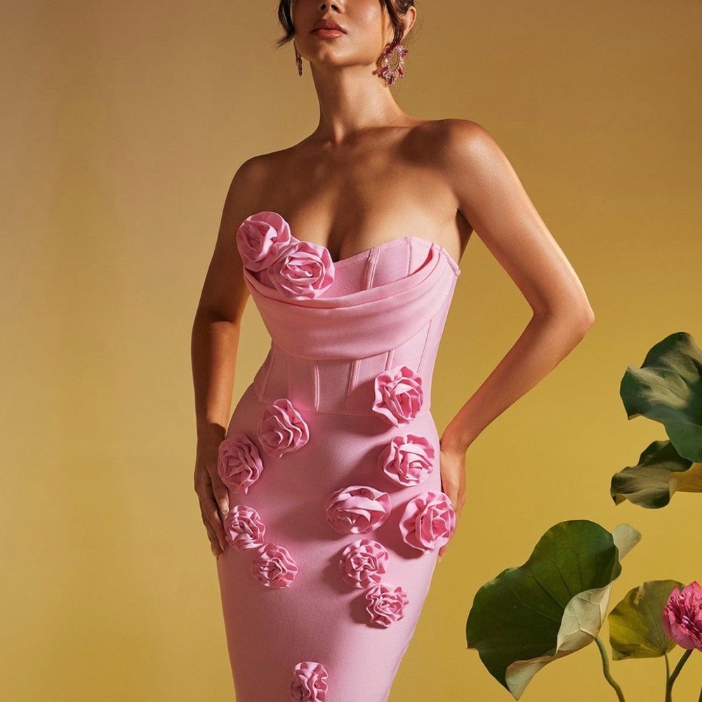 NWT Mew Mews Arushi | Chic Strapless Pink Flower Bandage Dress - Picture 5 of 13